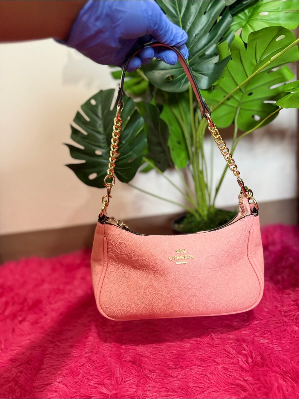 Coach Pink Embossed Signature Shoulder Bag with Gold Chain